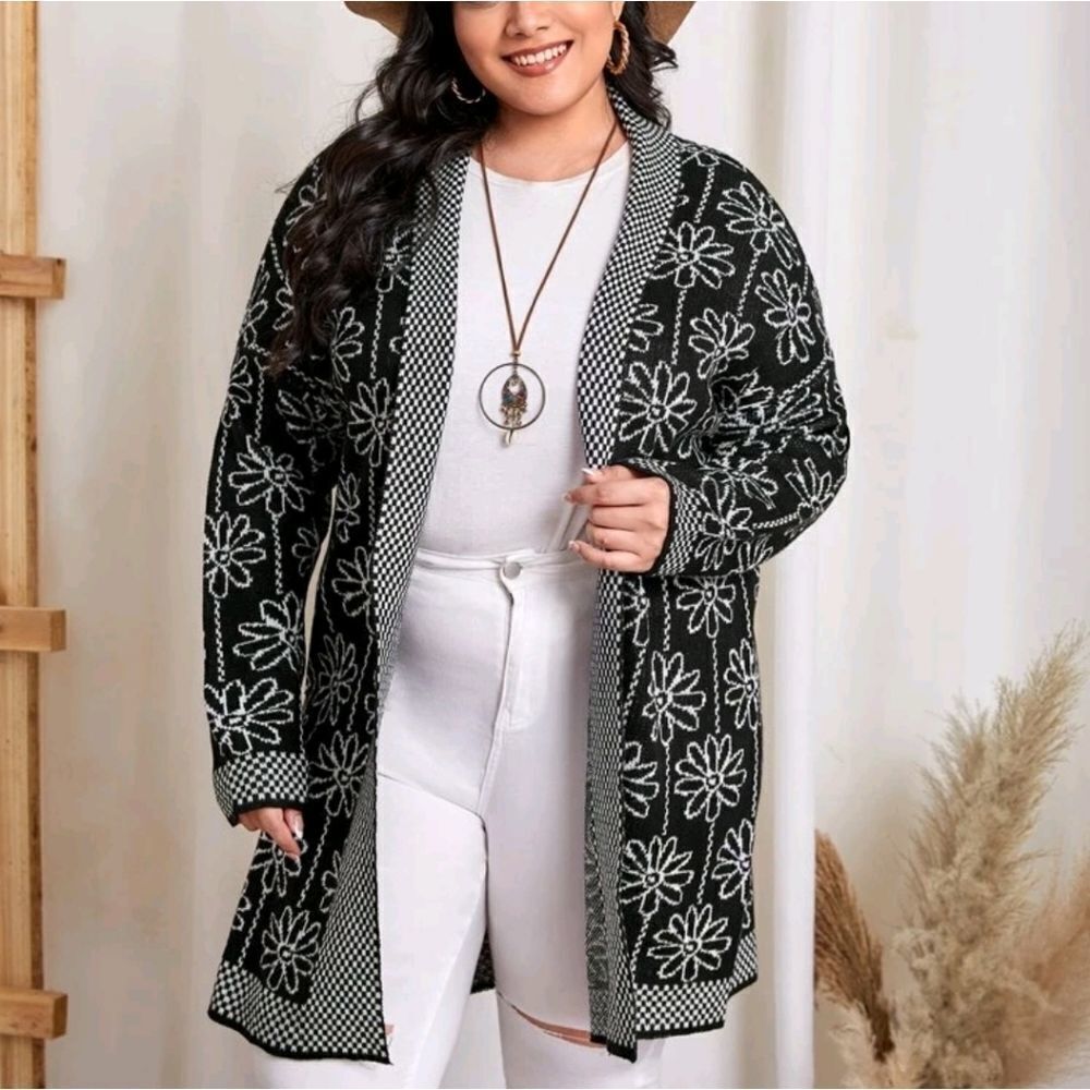 Plus Floral Pattern Drop Shoulder Open Front Cardigan - Picture 2 of 7